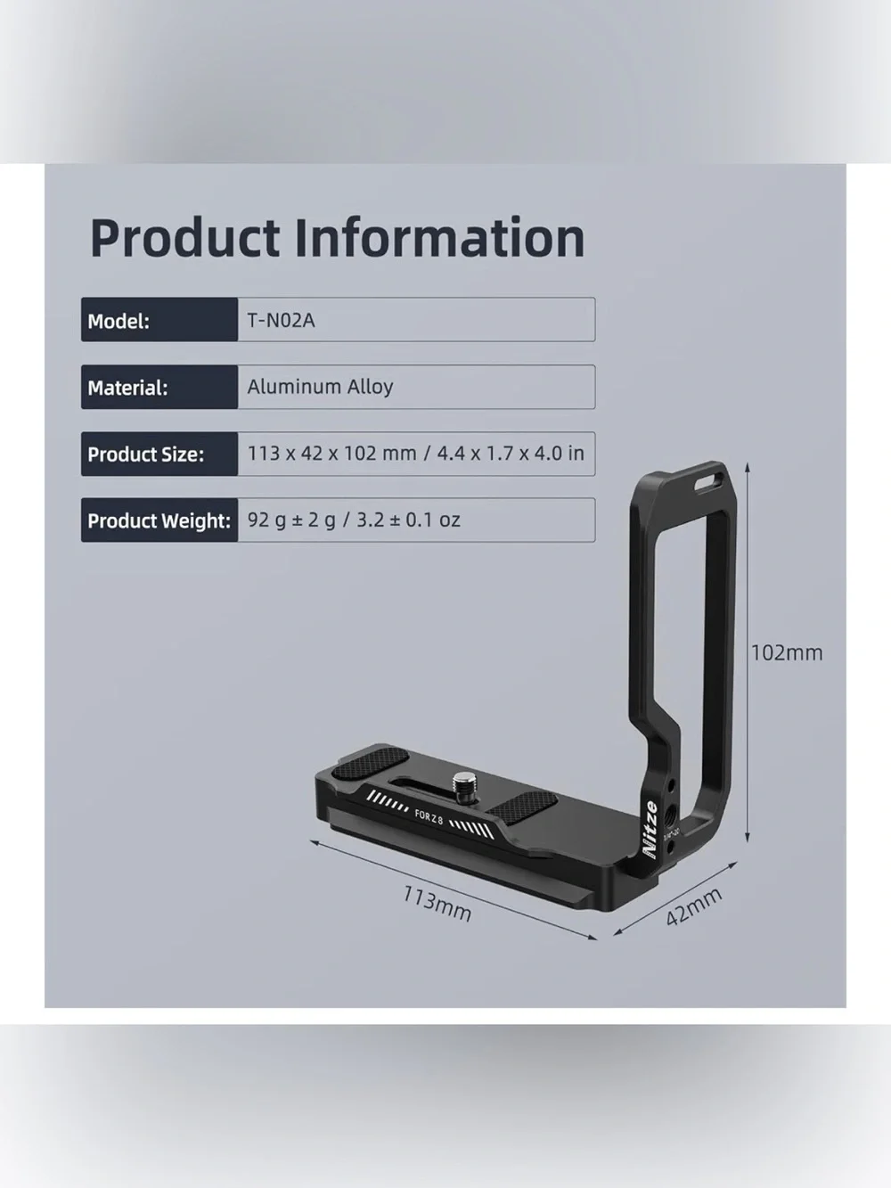 Nitze Z8 L Bracket for Nikon Z 8 Camera with Arca Swiss Quick Release Plates